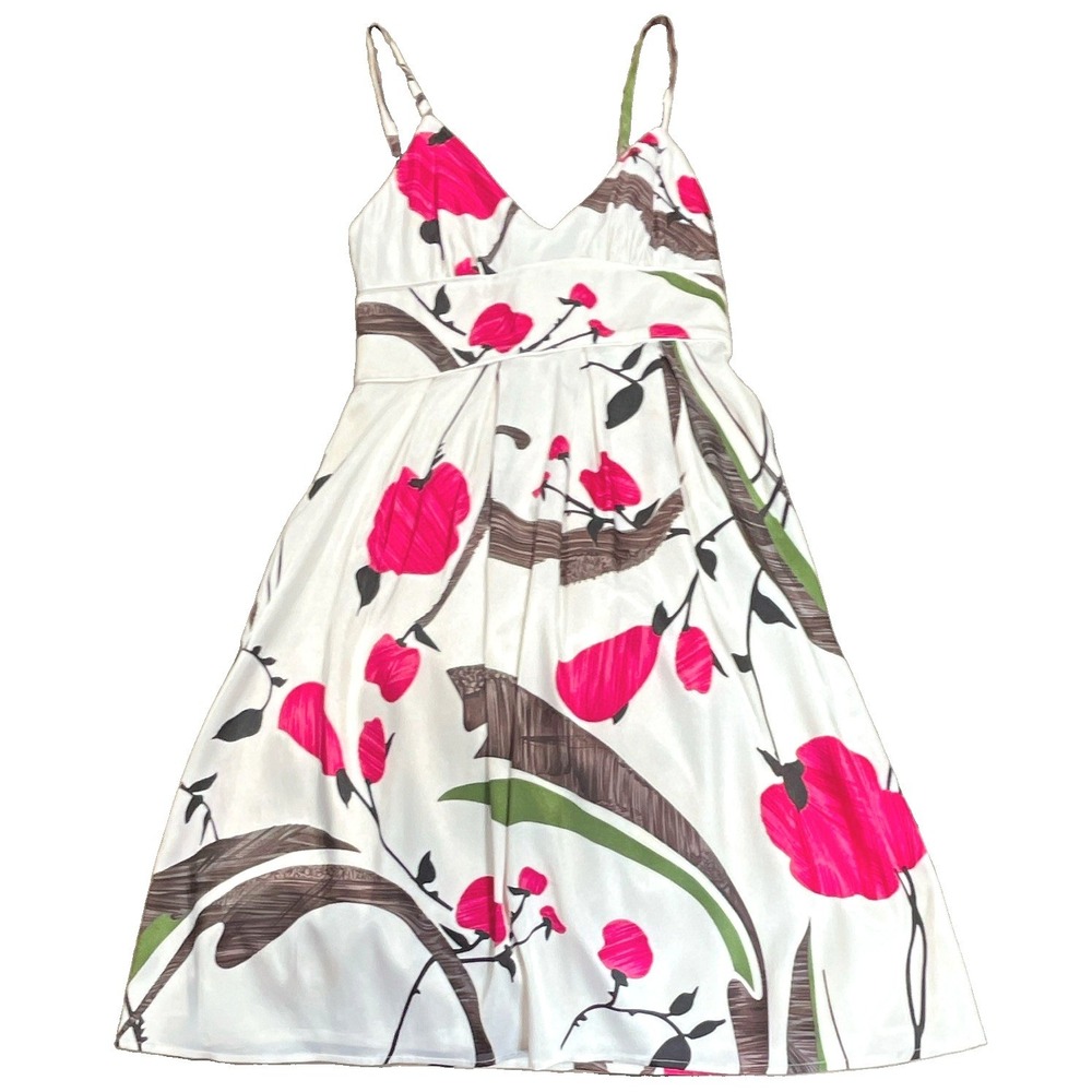 Marciano Pink Floral Poppy Midi Dress White V-Neck Adjustable Straps XS